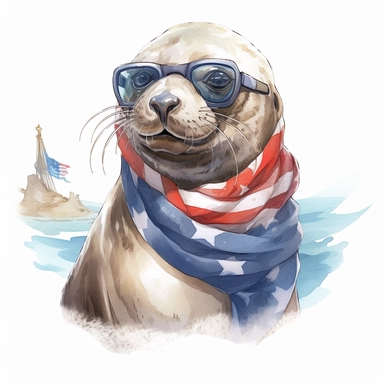 a playful California sea lion with rocky shoreline, wears American flag scarf and sunglasses, Western coastal waters, watercolor style, anime-inspired character designs, hyper-realistic animal illustrations, 2d game art, quadratura, clipart, on white back