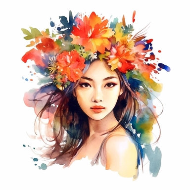 watercolor style, asian-origin girl with flowers on her head clipart, isolated on white background, hd