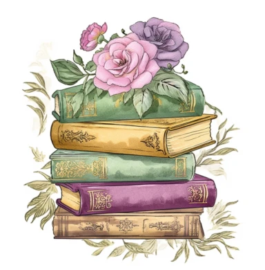 stacked books digital art, watercolor hand drawn clip art, coloured pencil, clip art, clipart, watercolor, clipart,, in the style of intricate, delicate flower and garden paintings, classical motifs and themes, light magenta and light green, embossed gold leaf, ferrania p30, adventure themed, english major