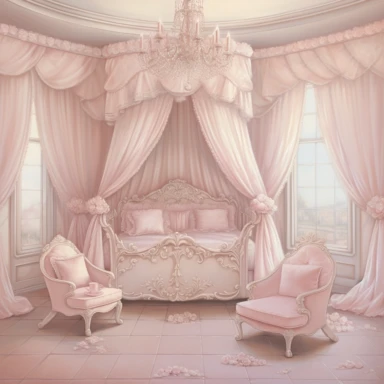 panoramic view, full view, beautiful elegant royal baby girl nursery room drawing painting, frilly, romantic, fantasy, ethereal, light pink and white colors, beautiful crib with beautiful full flowing canopy, beautiful bling crystal chandelier, soft pink teddy bear, beautiful large Victorian style window with beautiful pink flowing drapes, faux fur rug, sharp focus, high detail, 8k, illustration clipart style, transparent background