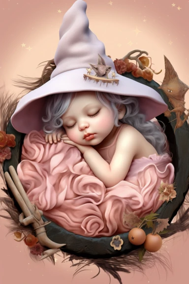 clipart, realistic newborn witch, pastel colors, vintage style