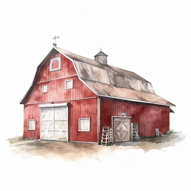 clipart, Watercolour, hand drawn, highly realistic, muted tones, beautiful, red farm barn, whole beautiful barn, white background, just barn nothing else