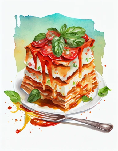 detailed watercolor lasagna on a plate with fork, realistic, isolated on white background, clipart