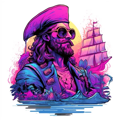 synthwave-styled concerned Pirate, watercolor , in the style of dan mumford, light magenta, tropical symbolism, cute and colorful, transparent layers, rounded, vibrant and colorful, clipart, white background, high detail, individual elements