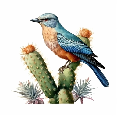 cactus and European roller (CORACIAS GARRULUS) illustrated by the von Wright brothers. , 4k, isolated white background, watercolor, clipart
