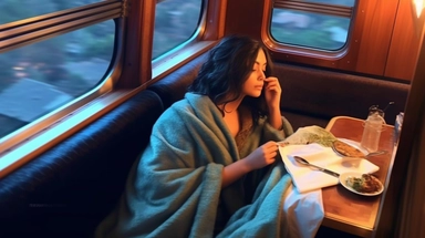 The girl is covering full herself with a blanket, there is a beautiful happy girl wrapped in blanket, Panoramic view of the train carriage with many windows, realistic photo ,beautiful girl, full train cabin, There's a table and there's a cup of coffee on it, night train, sleeping girl, night train,night, beautiful face, girl lying by the window, many window, big window, beautiful happy girl wrapped in blanket while lying on cozy sofa in British Pullman train in Belmond,girl ukraina sleep, train