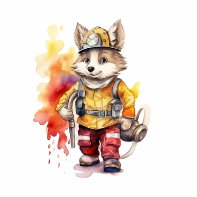 Craft a courageous watercolor clipart image with a white background, featuring a brave and cute caroon wolf firefighter with a hose