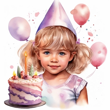 watercolor of a birthday small girl isolated on a white background, detailed ,realistic ,rtx on,textural richness,colorful imagery,digital illustration, clipart,
