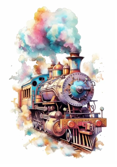Pastel train, big beautiful locomotive, bursting with steam, Steampunk Clipart, Printable Watercolor, Retro Futuristic, Victorian Era Art Print, colorful, details, high quality 8K, white background