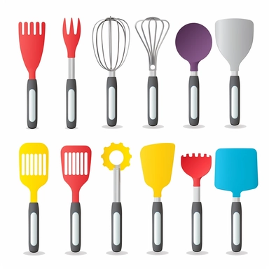 A set of colorful and sleek cooking utensils, illustrated in a modern and minimalist style that celebrates the elegance and functionality of these essential kitchen tools, with clean and crisp lighting that adds to the sleek and sophisticated atmosphere. Clipart graphic, vector, contour, white background.