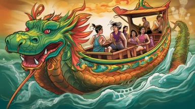 a clipart image of a chinese dragon boat with two people on board, in the style of colorful muralist, childlike illustrations, jacob jordaens, children's book illustrations, mixes realistic and fantastical elements, close-up intensity, joyful celebration of nature,32k uhd