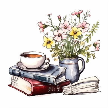 books and a cup of tea and wildflowers, soft colourswatercolour style clip art clean lines white background soft