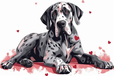 Cute Great Danes dog in Valentine’s Day theme clipart, cartoon, white background,
