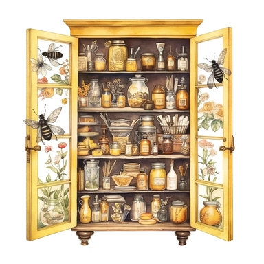 whimsical watercolour clip art curiosity cabinet with glass doors. Bee and honey themed