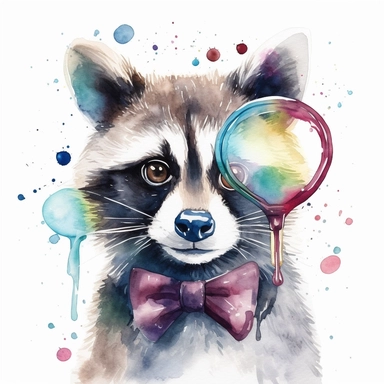 please create watercolor clipart of a raccoon smiling, wearing party GLASSES AND BOW TIE and bubbles, colorful, WHITE BACKGROUND