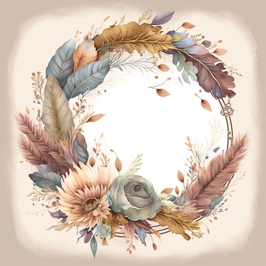 intricate and detailed watercolor circle border for wedding clipart masterpiece of boho floral arrangement with boho flowers and feathers and leaves, exquisite realism caricature style with excellent depth color shading, use of fabric, soft and subtle colors of watercolor style, plain background
