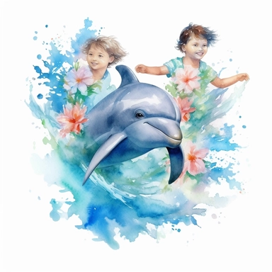 watercolor boys and girls swimming with dolphins, roses clipart on white background