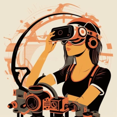 vr headset, virtual reality, industrial worker, woman, poster, learning in vr gogle, repairing machine, simplistic, abstract, vector, 2d illustration, clipart, few colors, industrial, hi-tech