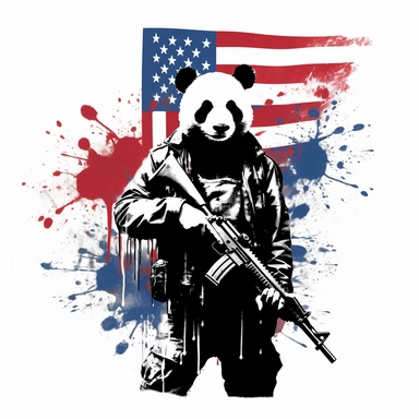 Panda dressed as a graffiti artist holding a gun black and white, silhouette of American flag background,/ clip art by Mr. Brainwash