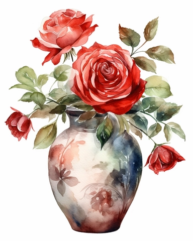 Watercolor clipart of a vase with red roses , isolated from solid white background, 8k, boardwalk colors