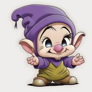 dwarfDisney baby 1 year old chibi style beanie purple sharp detailed happy little eyes happy kawaii style small detailed sharp detailed mouth with smile rounded face delicate detailed hands back feet chibi style hand drawn like watercolor on 32k paper clip art