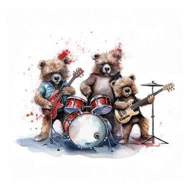 a watercolor of a realistic teddy bears on stage, rock band style, vector free clipart illustration, in the style of unreal engine 5, 32k uhd, detailed features, white background