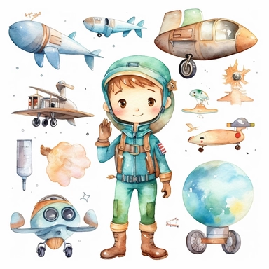 cute kawaii plane pilot , watercolor white background clipart set single elements with margin