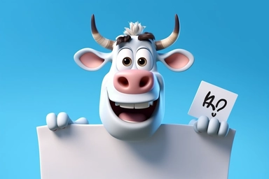 character cartoon cow with banner in clipart 3d image, in the style of unreal engine 5, natalia rak, movie still, matte photo, lightbox, relief, white and cyan