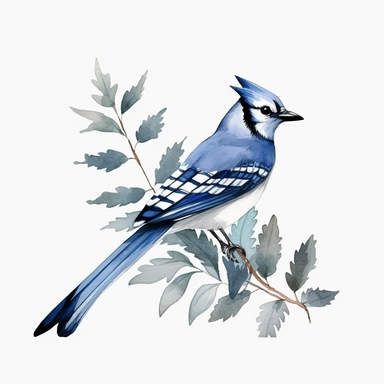 Minimalistic foliage clipart, blue jay,single design, watercolor, vector