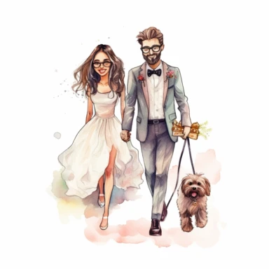 Watercolor clipart cute tall slim kawaii elegant groom wearing glasses with a beard walking hand in hand with a bride with long straight hair wearing glasses smiling , with a small shaggy dog on a leash