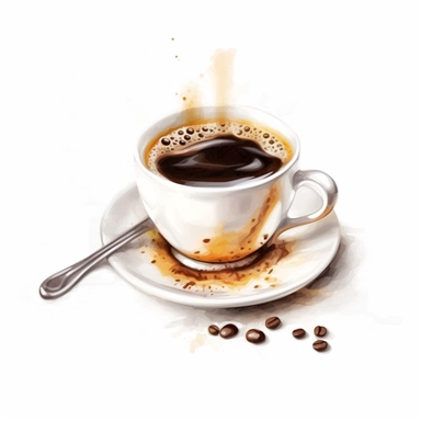 illustration of a cup of coffee, crisp, add embeliishments like tables spoons steam, beautiful, artistic, coffee, clipart, isolated on white background