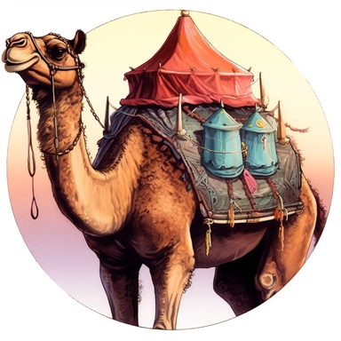 Akira Kurosawa's photograph of a camel with tent saddle, Josh Kirby Mad Max Lord of the Rings, enamel punk zine indie retrowave, clipart illustration, circular solid background circular border