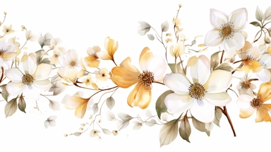 Watercolor clipart of delicate golden dogwood flowers, branches and leaves, on white background