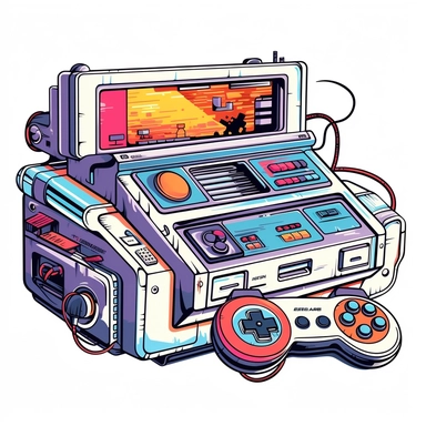 Beautiful Retro 90s game console Sublimation Clipart,Cartoon, hyper realistic, intricate detail, illustration style,high solution,on the white background
