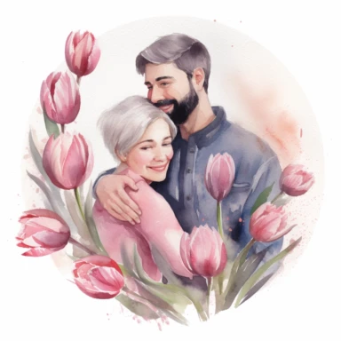 cute watercolor clipart with pale skinned older mom and adult son hugging echother in circle, beautiful, hight quality, pastel colors, white background, decorated with pink tulips