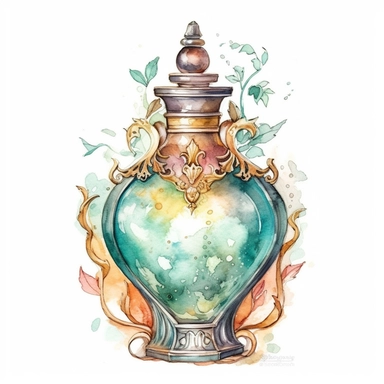 clipart, front view, sharp focus, ornate, whimsical nursery illustration of a potion bottle in soft watercolor, isolated on a solid white background