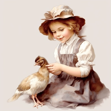 victorian vintage adorable little girl feeding chicken, full body, pastel beige colors, clipart style, accurate details, oil painting technique, super high quality, professional watercolor clipart, high resolution