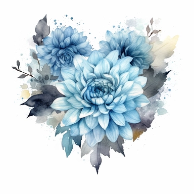 a heart shape made with soft blue and pastel blue Dahlia flowers, wet on dry watercolour style, dark gothic antique look, clipart, white background