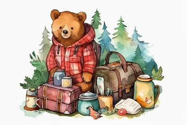 Adorable bear on adventure, camping gear, vivid colors, ornamental watercolour clipart, I can't believe how beautiful this is