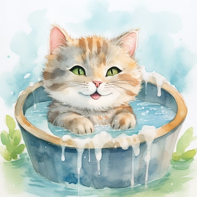 watercolor illustration, kitten smiling with an open mouth with a towel over the head and enjoying a hot spring, surrounded by gentle steam rising from the onsen water, feeling the pleasant sensation. Small bubbles dance through its fur, creating a mysterious yet beautiful sight. The cat stretches out, gradually unwinding, as the warmth of the onsen melts away the tension in its muscles. It gracefully savors the serene atmosphere and the gentle touch of nature, embracing the tranquility of the o