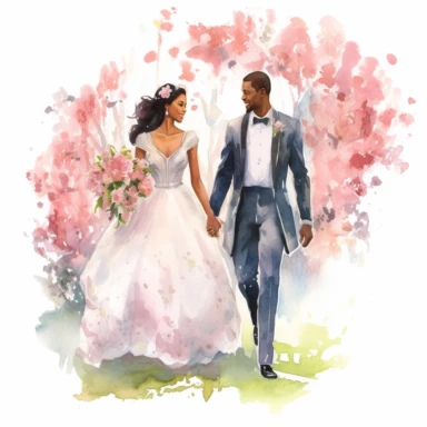 African-American bride and Caucasian groom, sharing a loving gaze while strolling through a blooming garden, watercolor, Pixar style, Clipart on a white background.