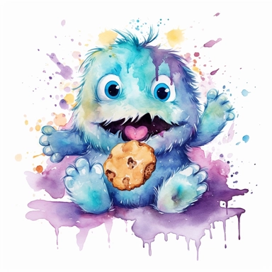 cute Monster eat Cookies , watercolor, watersplash, White Background,sweet, funny, Clipart