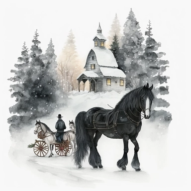 dark academia, horses, snow, fairytale, Christmas, swedish folk art, watercolor, white background, clipart