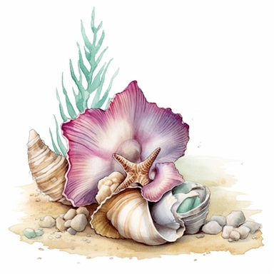 hand drawn sandy beach with a conch shell sitting in the sand, orchid bloom beside the conch shell, glamorous, clipart style, detailed and realistic, watercolor, white background with margins