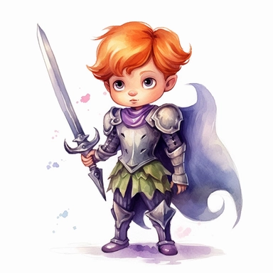 Clipart of a cute little BOY brave happy warrior. She is red headed with green eyes. The background is watercolour. Cute and modern knight outfit. full body. wearing black and purple