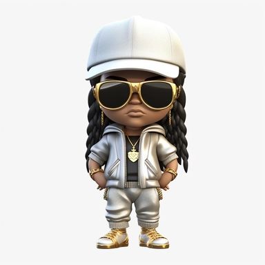 A black chibi girl incarnate in a 3d wearing white clothes, full cap, sunglasses and gold PNG, Black cool gangster girl png, Afro fashion girl black clipart, Black girl Dreadlock png, black magic girl
