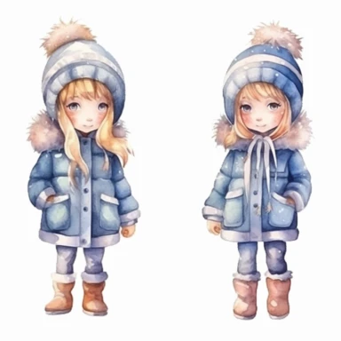 Set of watercolor cute little girl in winter clothes illustration for kids book, white backgroun, clipart, clean and crisp