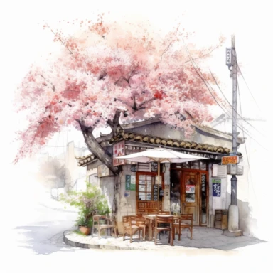 Watercolor illustration of a romantic korea street cafe, delicate flowers, blossom tree, hyperrealism, high detail, hyper quality, high resolution, seperate element, amazing imaginaton, playing the light and shadow, clipart, clean and white background