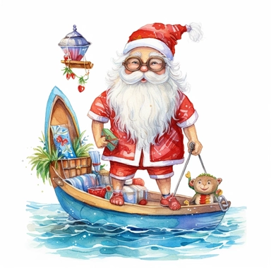 santa summer smile and cute big eyes wear big glasses full body , sea trip summer , cute funny laugh detailed digital art, whimsical and cute, cute detailed artwork, glimmering, adorable and whimsical, whimsical art, watercolor Clipart style