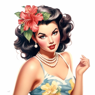 beautiful pretty pin up woman, makeup and hair vintage 50's style, hawaiian flower and dress, paint art style, detail, clipart, white background, superrealistic, one of a kind